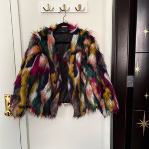 Multicolor Faux Fur Jacket - Bold Patchwork Coat